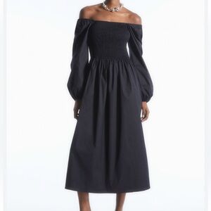 COS off the shoulder smocked midi dress navy blue